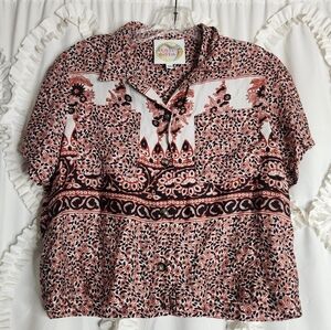 Haley Solar Floral Cropped Boxy Button-Up Short Sleeve Top Sz XS